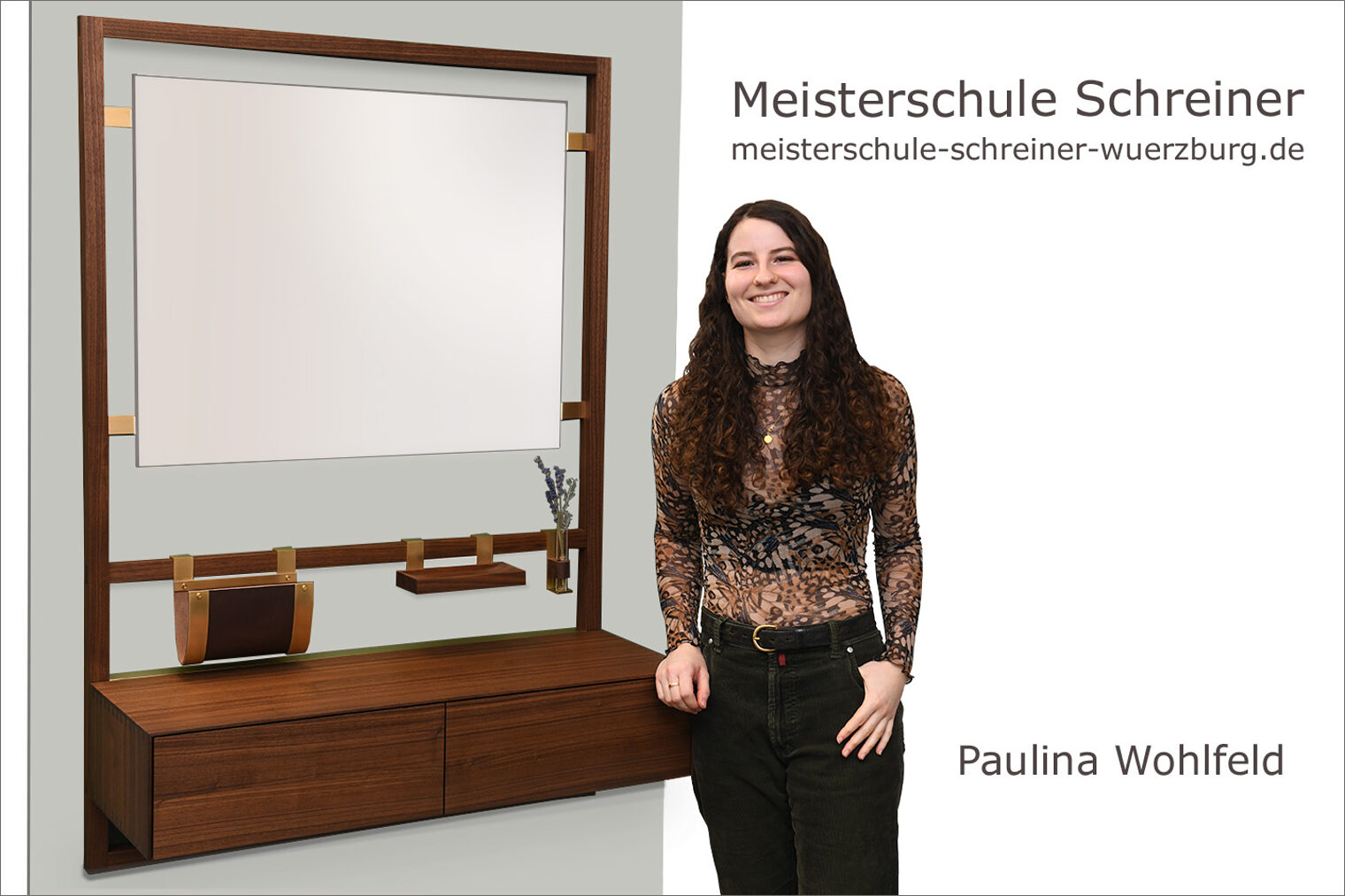 Porträt Paulina Wohlfeld mit ihrem Flurmöbel als Schreinermeisterstück