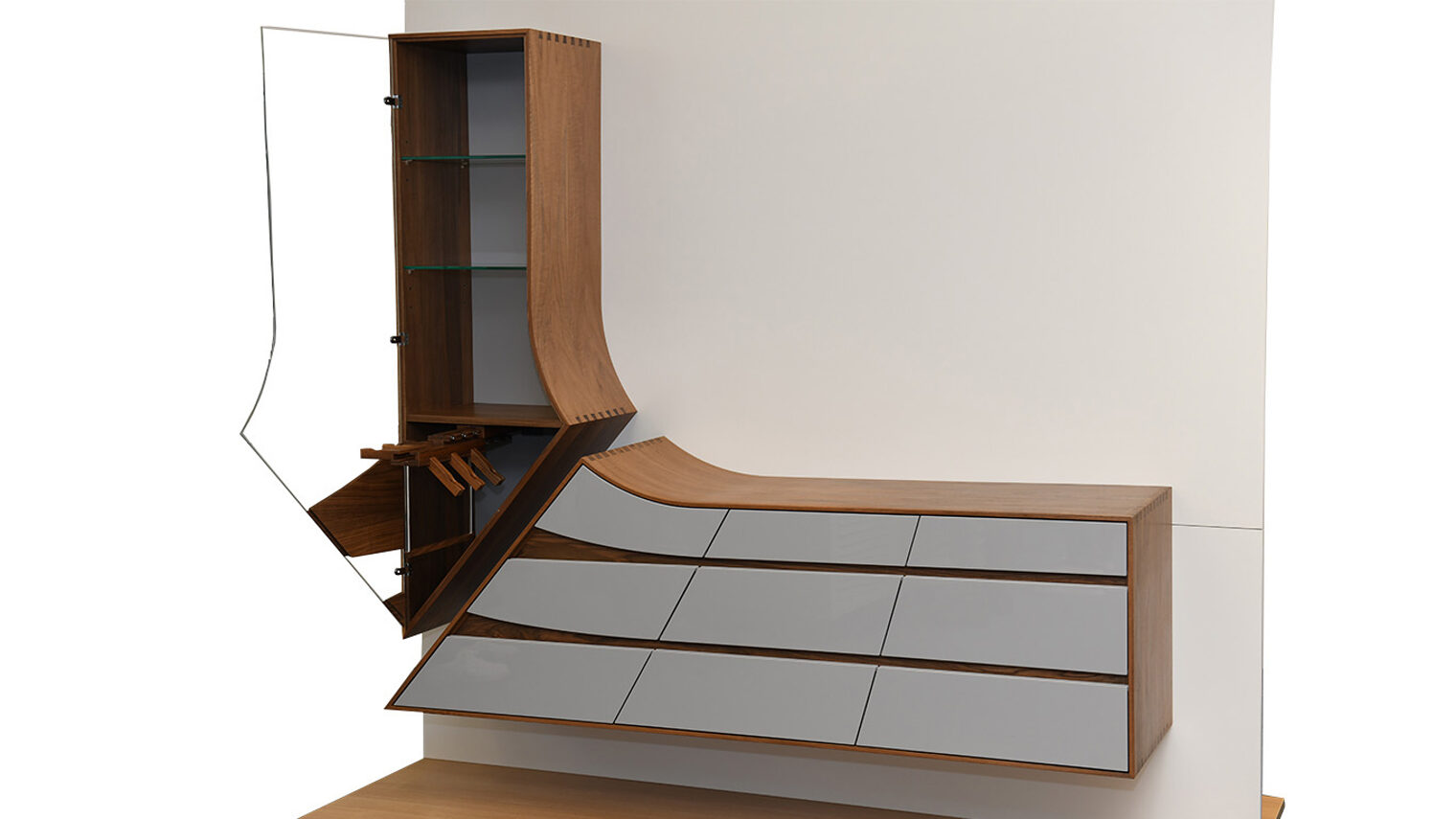Schreinermeisterstück Gesamtansicht TV-Lowboard mit Hängeschrank