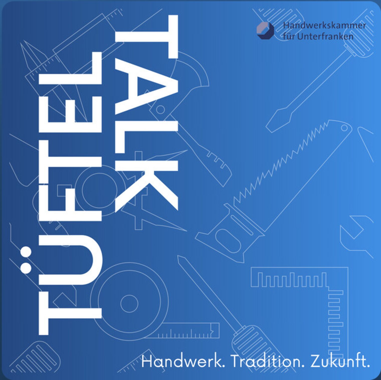 Logo des Podcasts "TüftelTalk" mit weißer Schrift auf blauem Hintergrund mit hellen Illustrationen von Werkzeugen