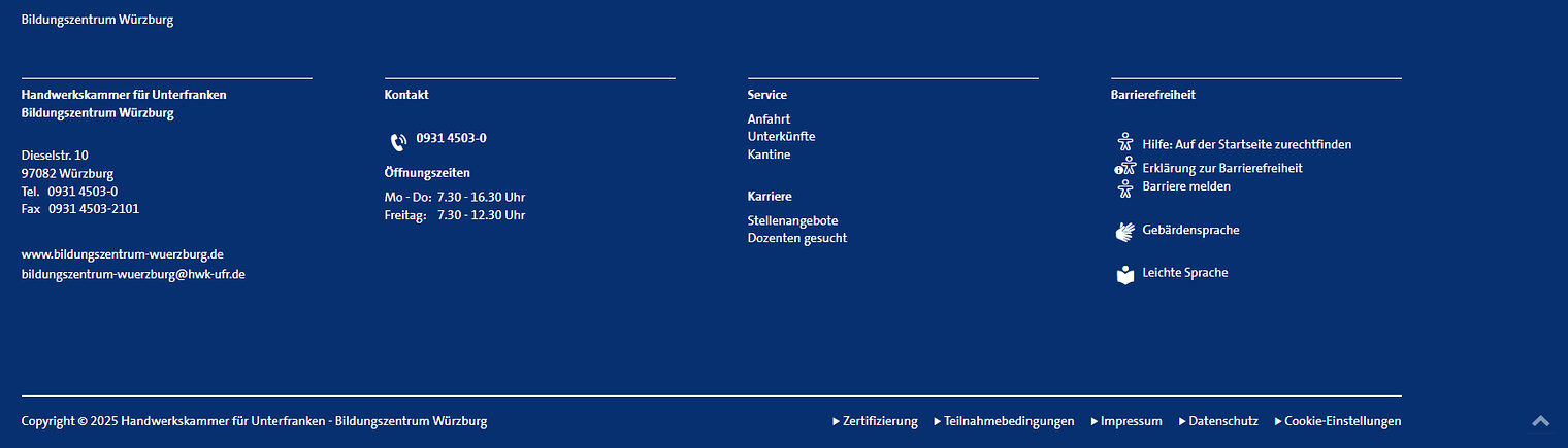 Screenshot des Footer-Bereichs auf www.bildungszentrum-wuerzburg.de