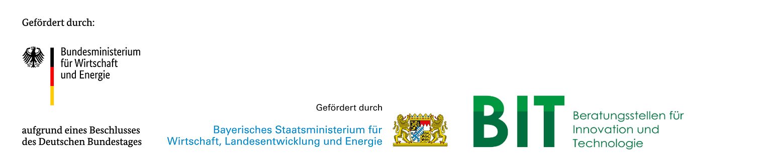 Förderlogos Bundeswirtschaftsministerium, bayerisches Wirtschaftsministerium, BIT - Beratungsstellen