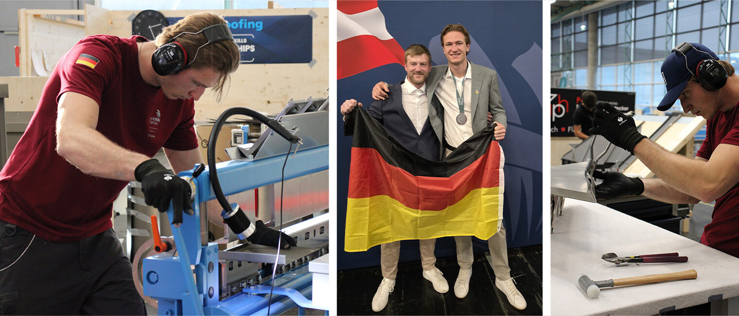 Collage mit Bilder von Spengler bei Arbeit und Siegerfoto mit Deutschlandflagge