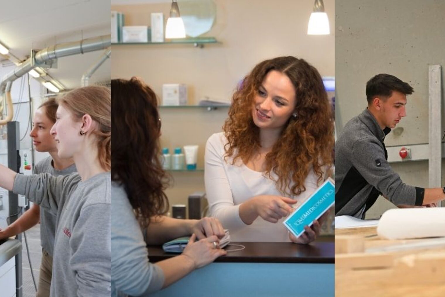 Drei Bilder von Auszubildenden im Gespräch mit Ausbildern oder Kunden