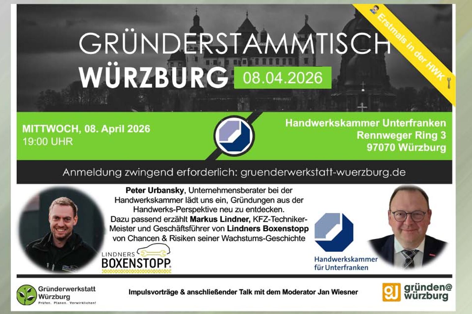 Veranstaltungsflyer mit Daten zur Veranstaltung, Logos der Veranstalter und Bildern der Speaker