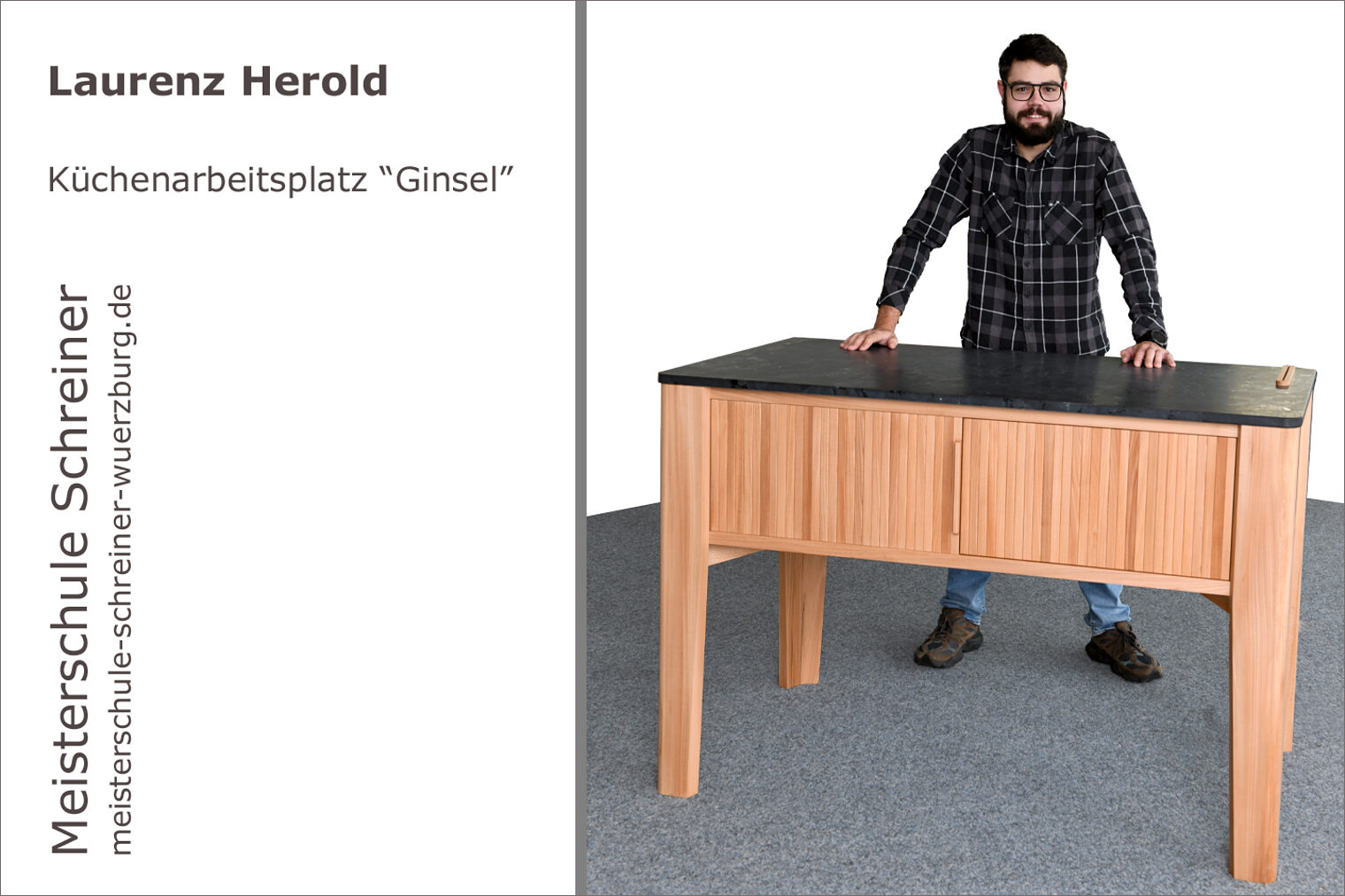 Portrait von Laurenz Herold mit seinem Schreinermeisterstück "Ginsel - Küchenarbeitsplatz"