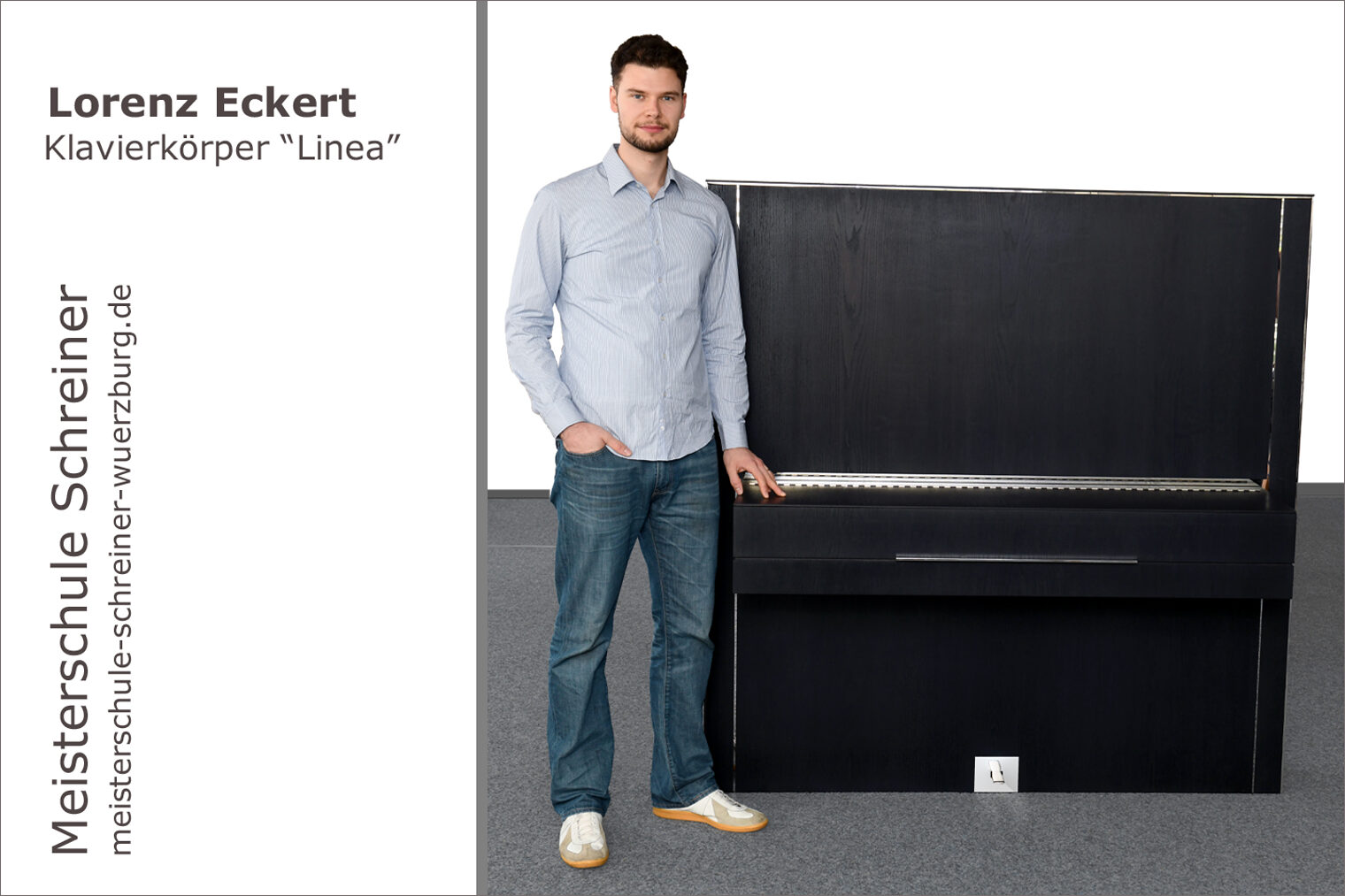 Portrait von Lorenz Eckert mit seinem Schreinermeisterstück "Klavierkörper - Linea"