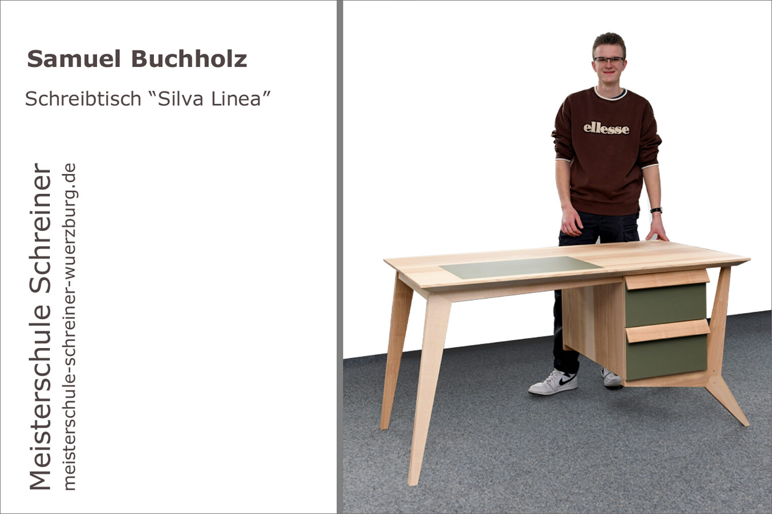 Portrait von Samuel Buchholz mit seinem Schreinermeisterstück "Schreibtisch - Silva Linea"