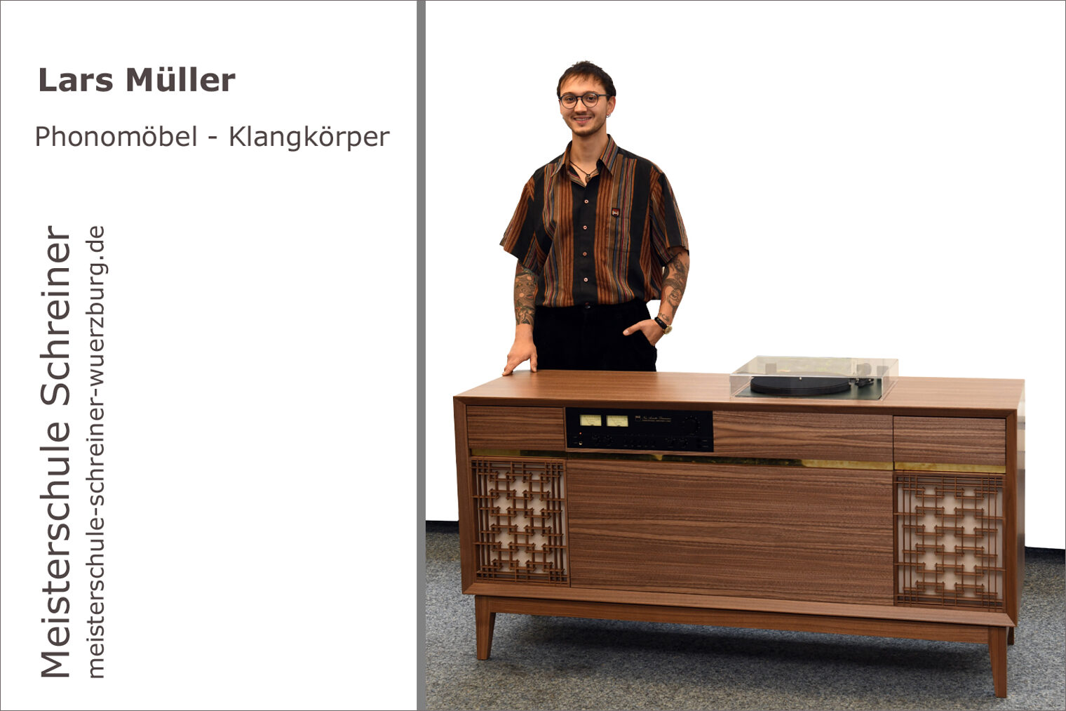 Portrait von Lars Müller mit seinem Schreinermeisterstück "Phonomöbel - Klangkörper"